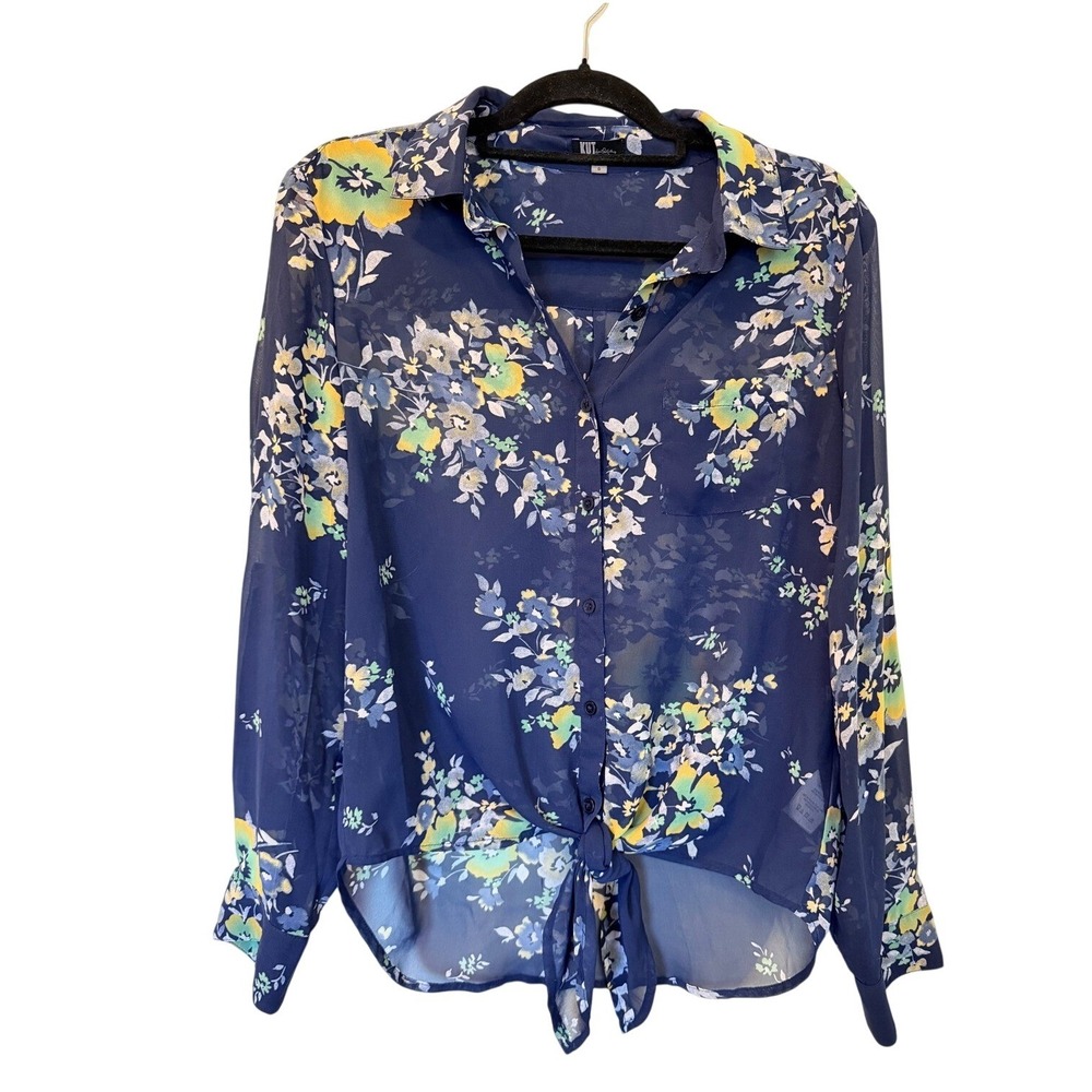 KUT from the Kloth Women Blouse Small Blue Floral Tie Front Sheer Long Sleeve